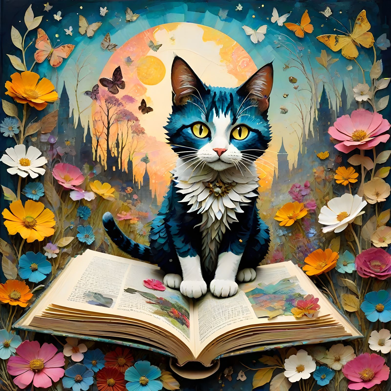 Whimsical Cats in a Fantastical Garden Scene