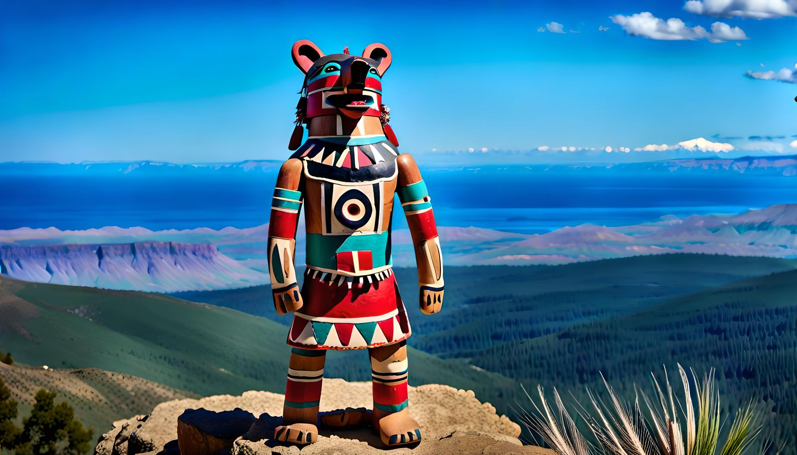 Hopi Bear Kachina Doll Standing Majestically on a Coastal Mo...