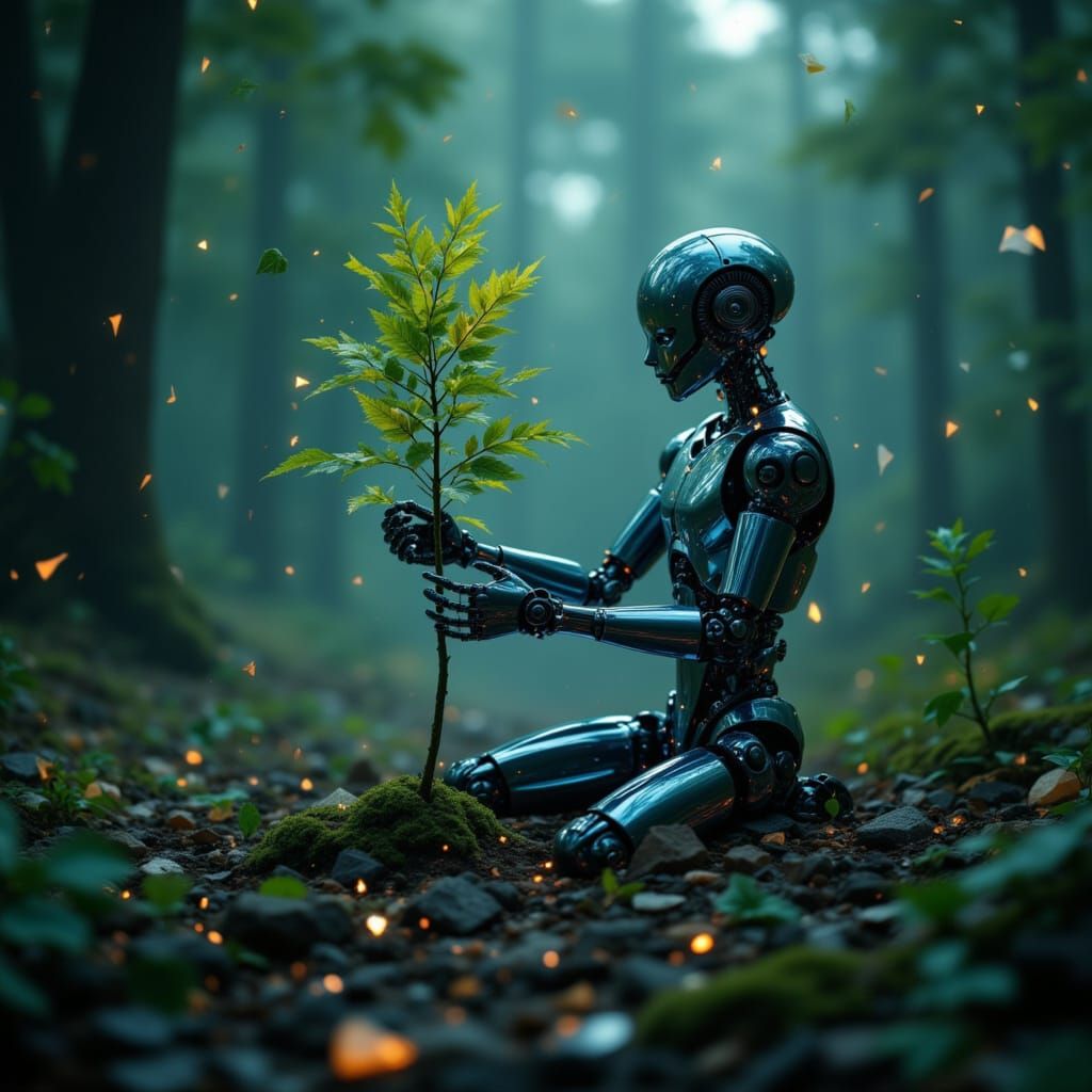 Robot Cradles Tree Sapling in Crystalline Cinematic Style