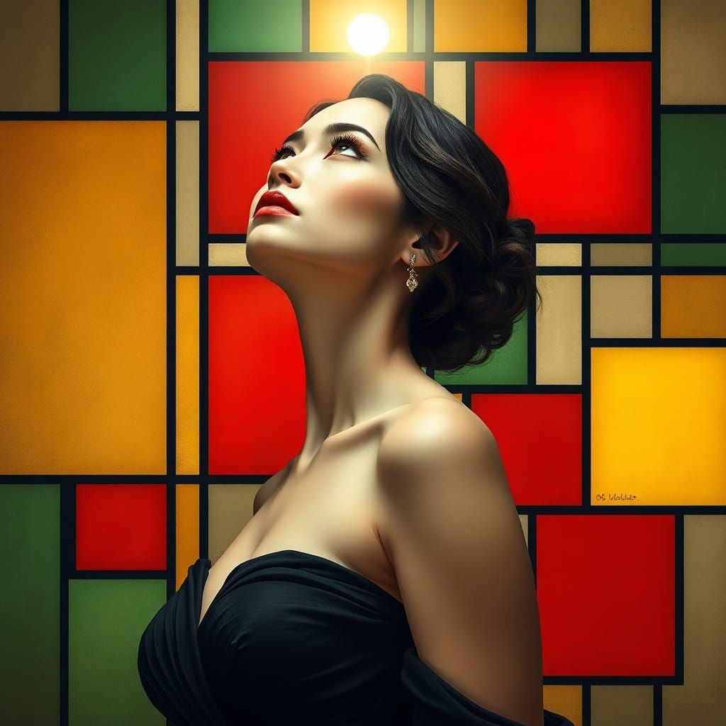 Elegant Woman with Geometric Backdrop in Modern Style