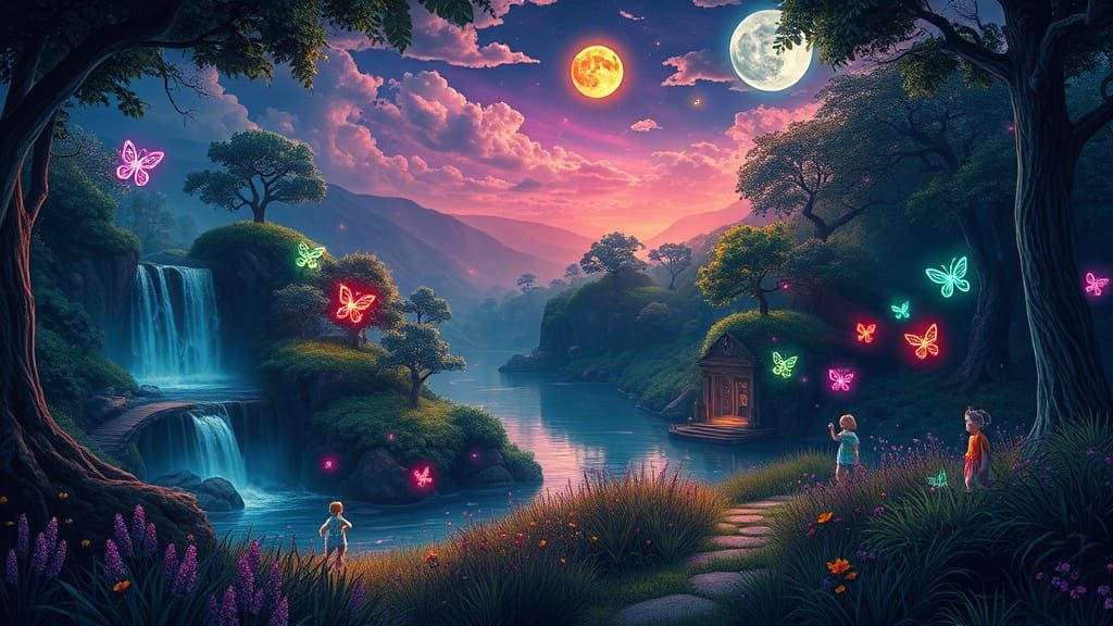 Lush Cove Inhabited by Neon Owls, Crayon Art