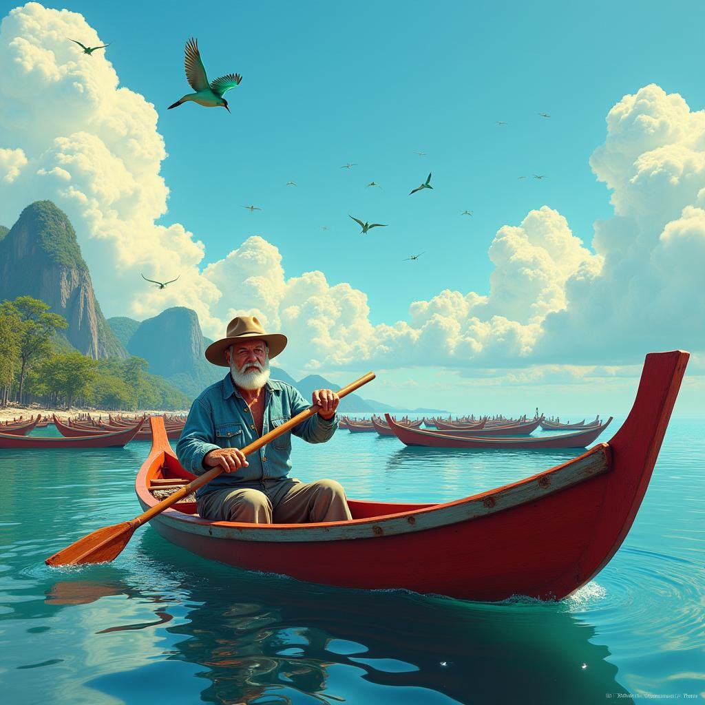 Cowboy Paddling Red Jukung in Coastal Harbor