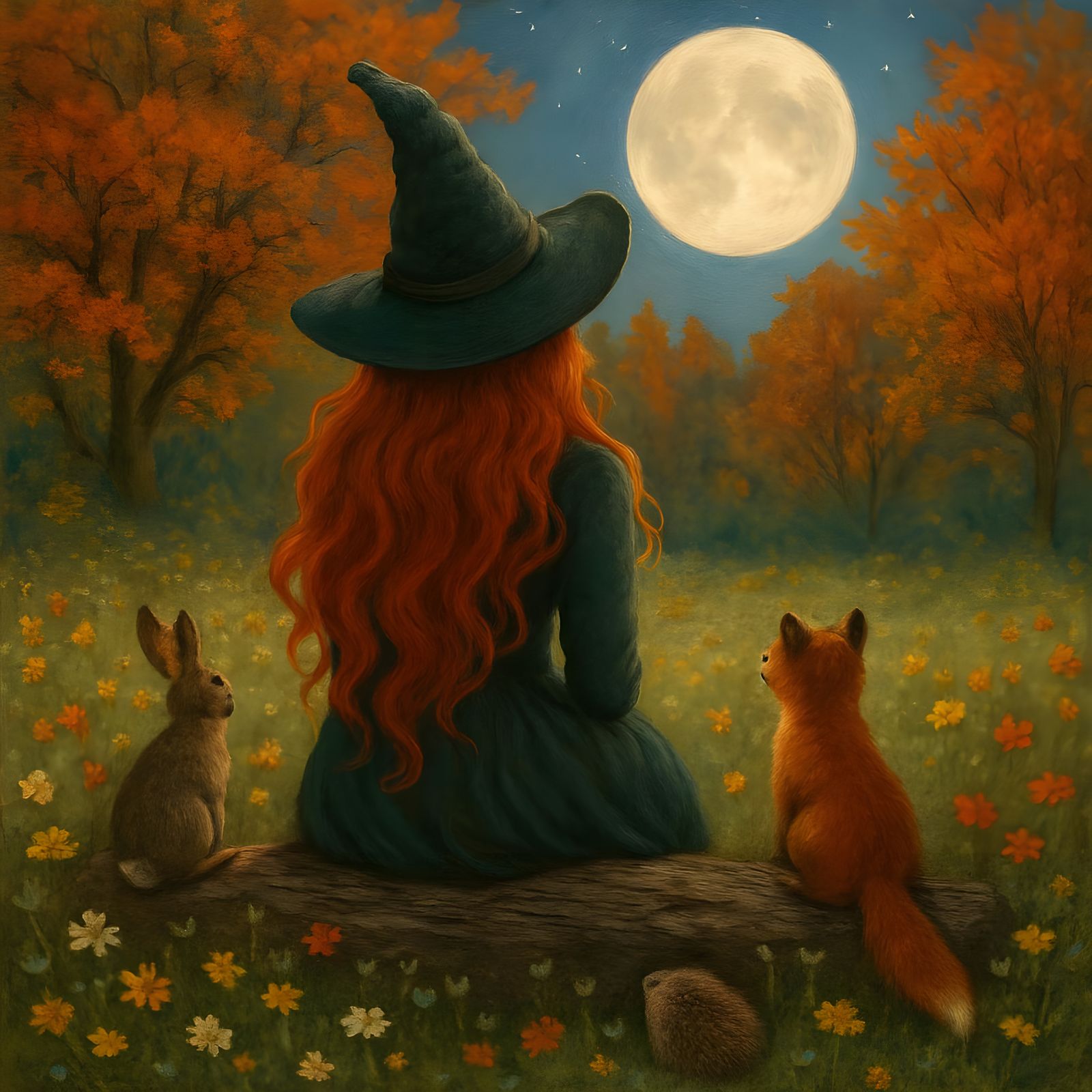 Enchanting Witch in Autumn Forest Under Full Moon
