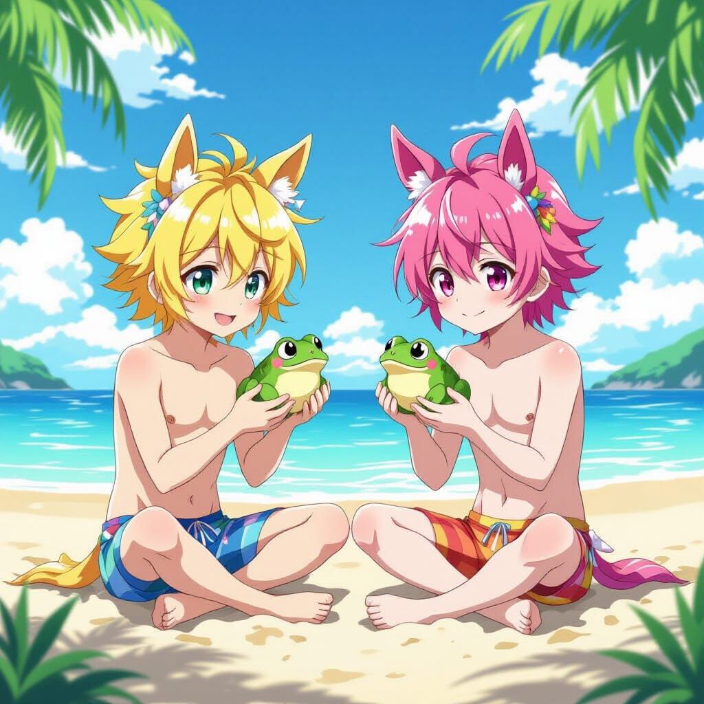 Anime Boys with Horse Ears on a Sunny Beach