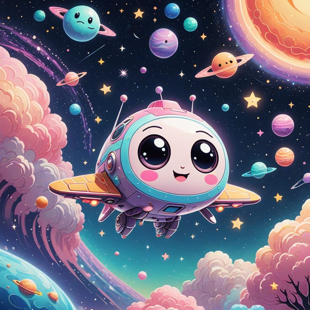 Kawaii Spaceship Soaring Through Galaxy in Pastel Colors