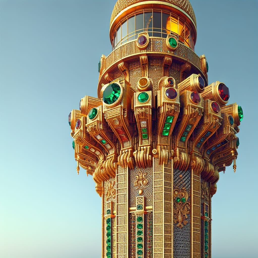 Ruby and Emerald Encrusted Golden Lighthouse