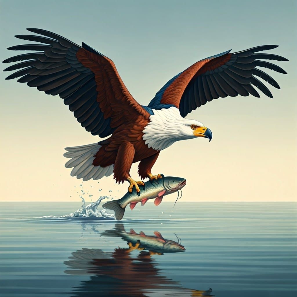 African Fish Eagle Catches Fish, Watercolor Illustration