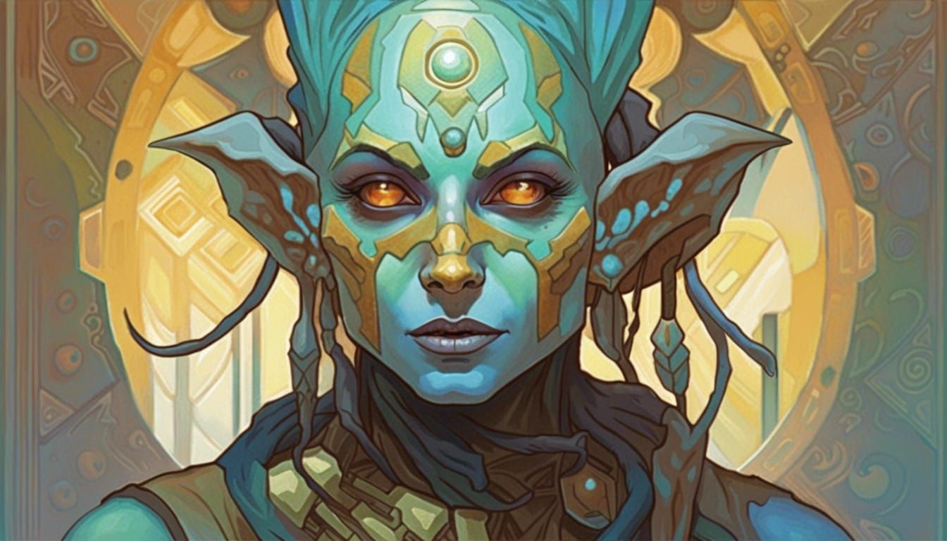 Mutant Elf Cyborg Sorceress Portrait in Gouache Style