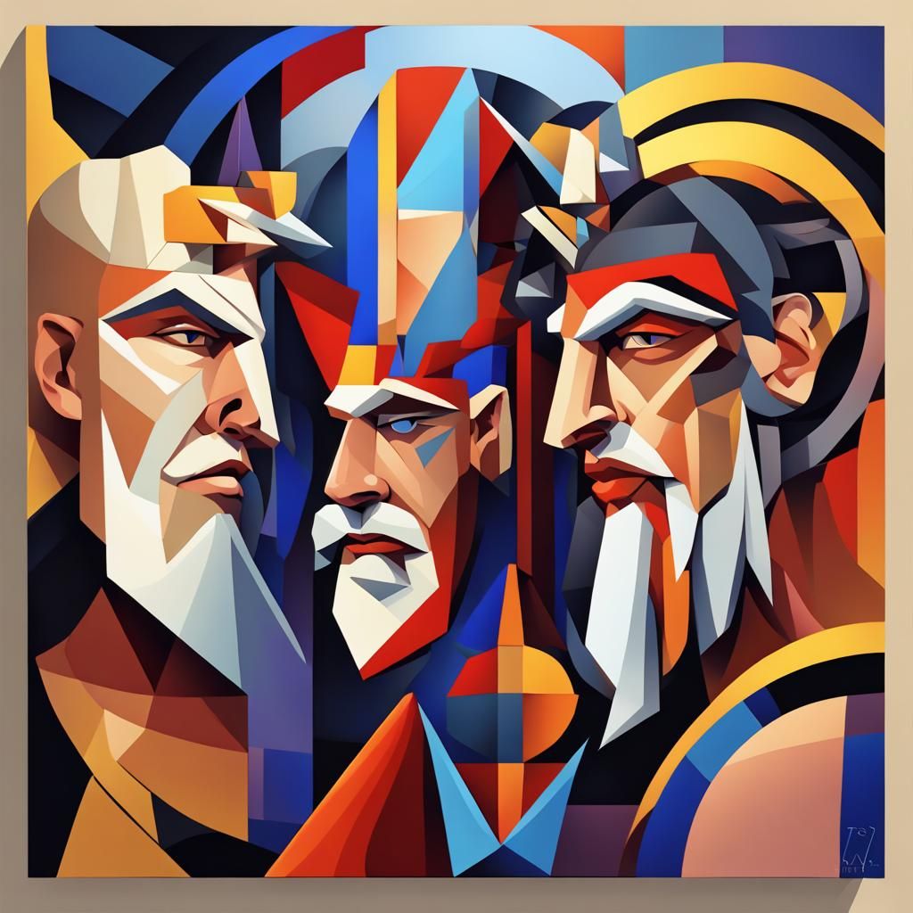 Epic Battle of Gods in Cubist Geometric Style