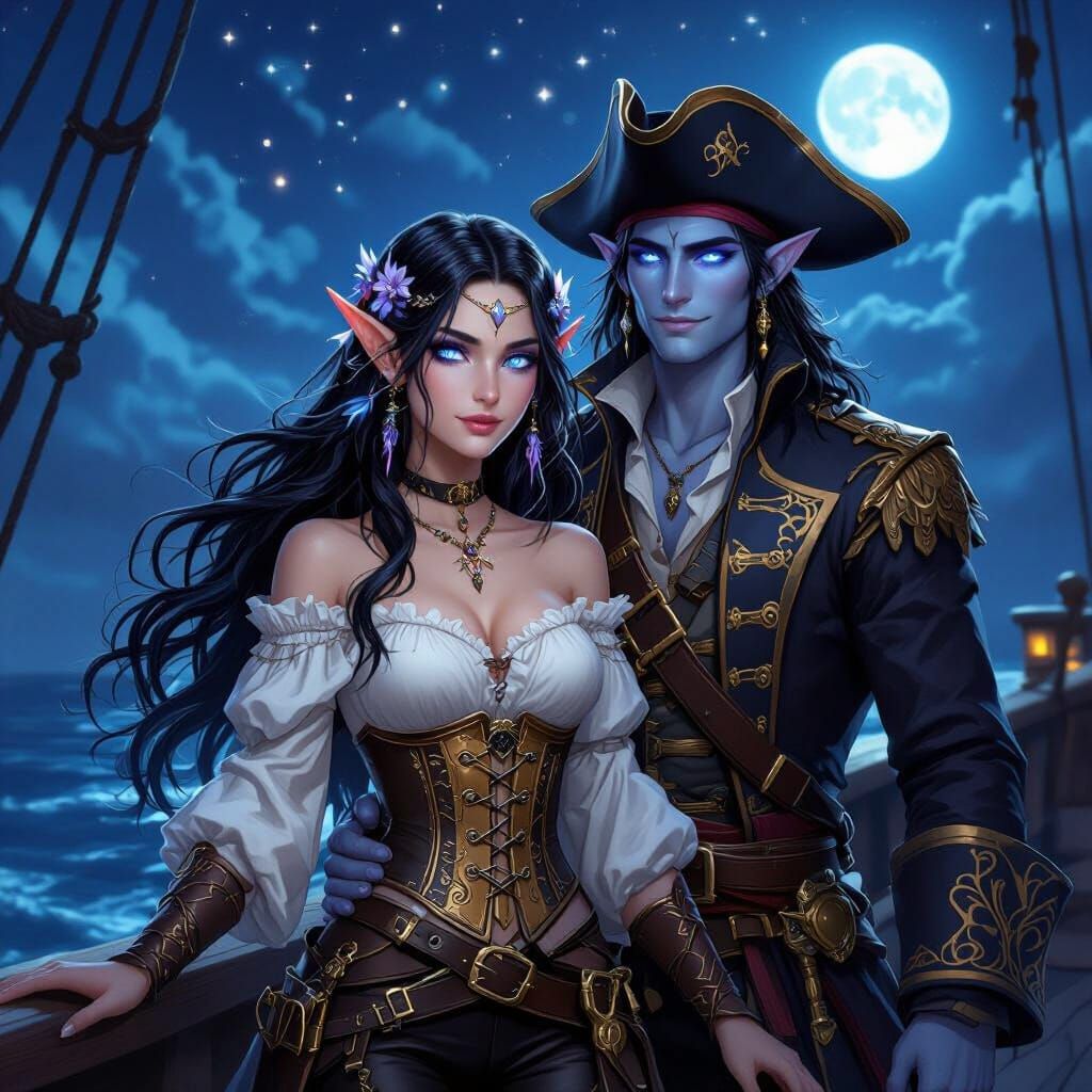 Elven Pirate Couple Under Moonlight Digital Art