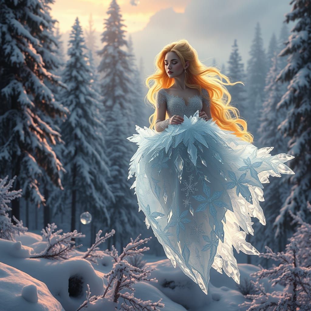 Regal Ice Princess in Ethereal, High-Fantasy Landscape