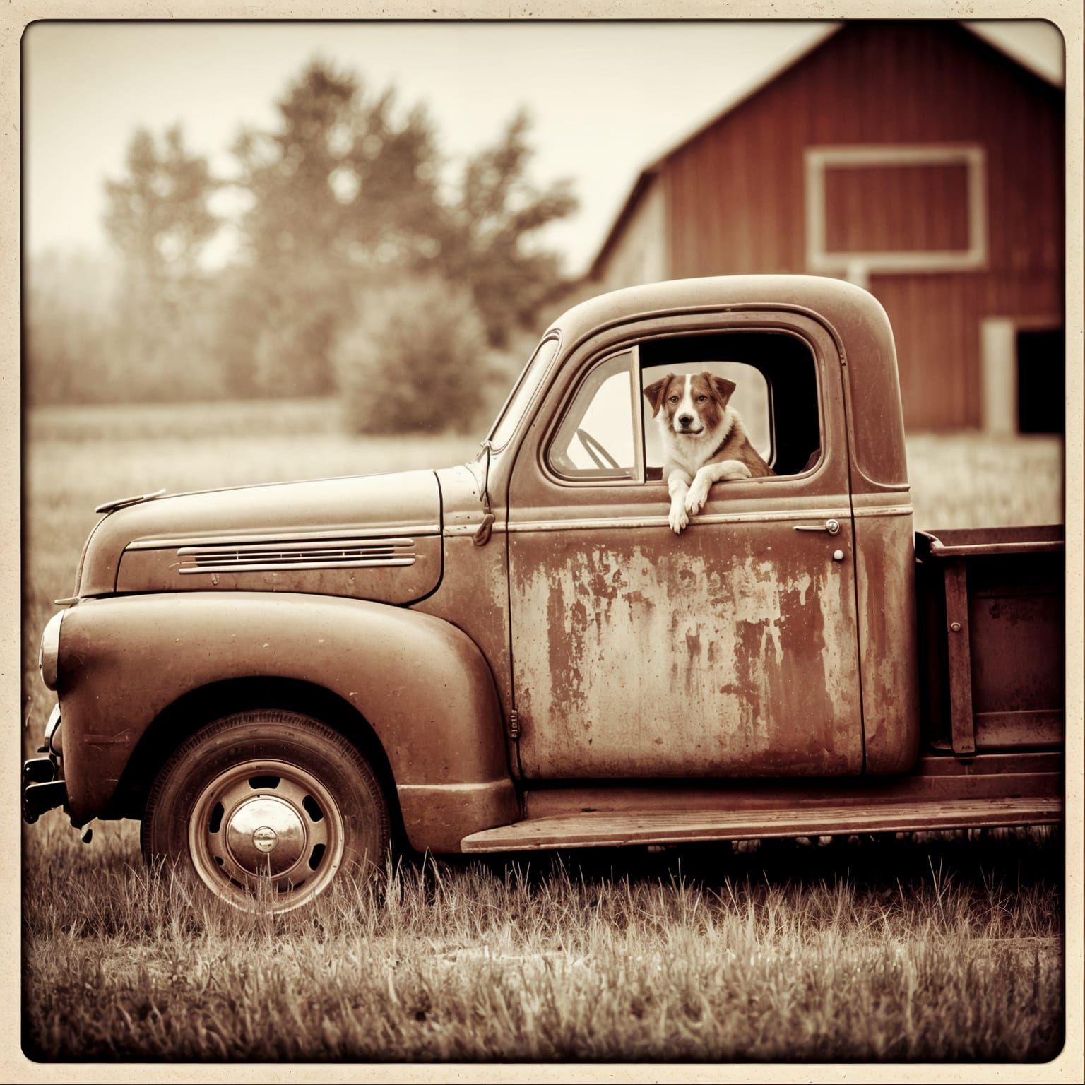 Vintage Pickup Truck with Dog in Sepia Photograph
