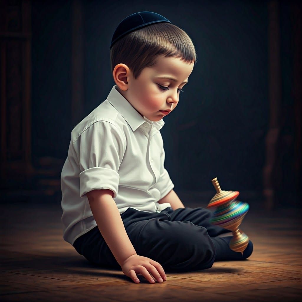 Serene Haredi Boy Spins Dreidel in a Study of Quiet Contempl...