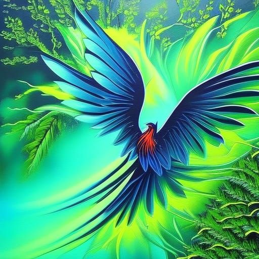 Neon Blue Phoenix in Forest Graffiti Art