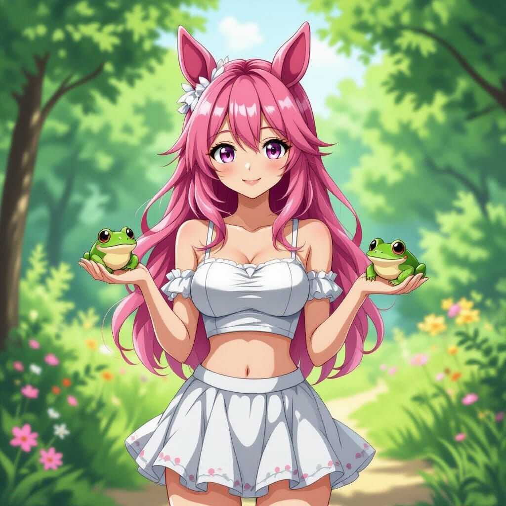Anime Girl with Horse Ears Holding a Frog