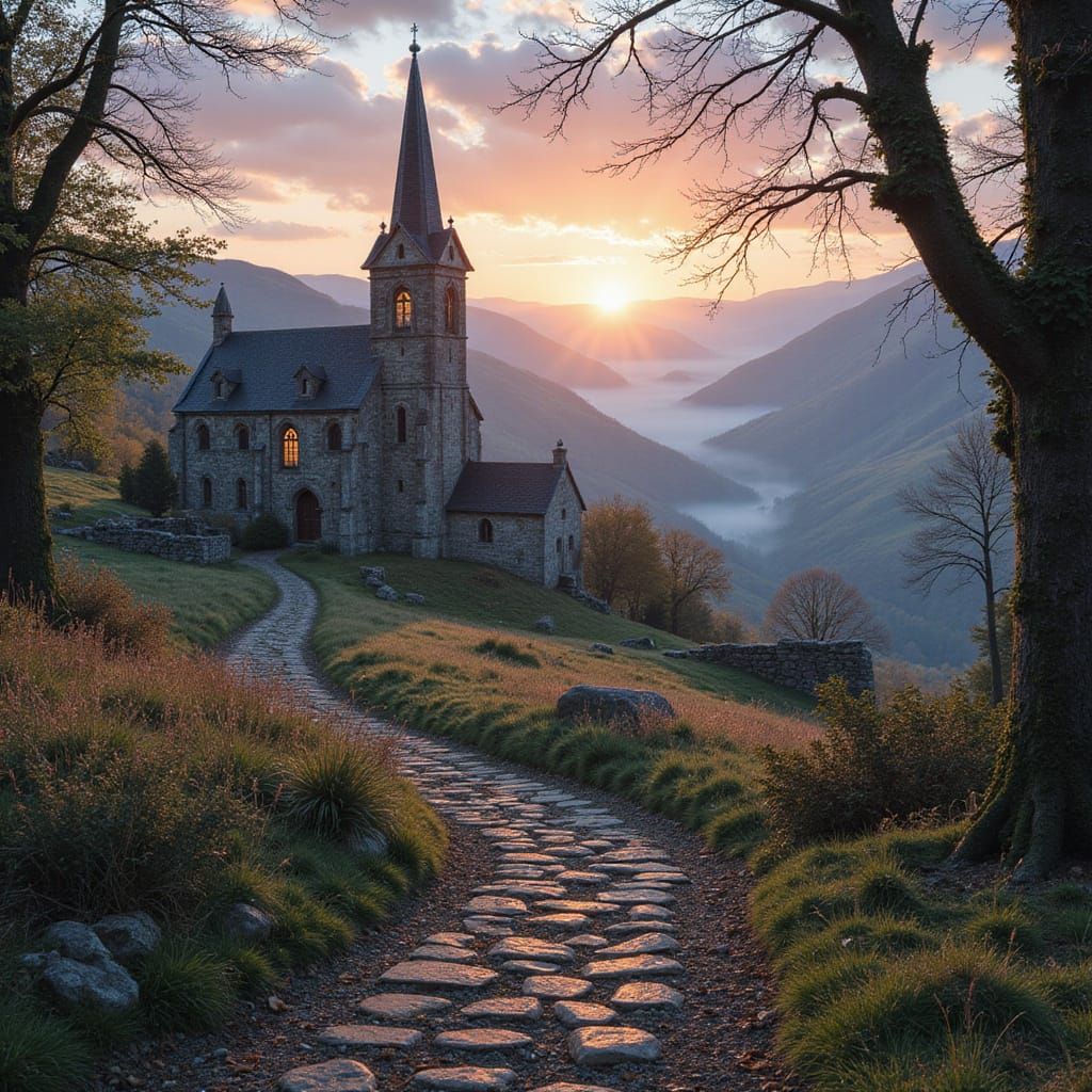 Fantasy Village with Northern Stone Architecture at Sunset