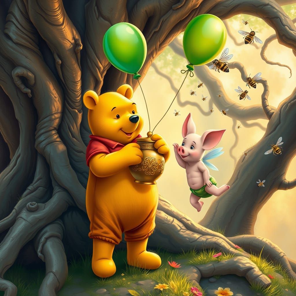 Dreamy Winnie-the-Pooh Scene in Vibrant, Fantastical Colors