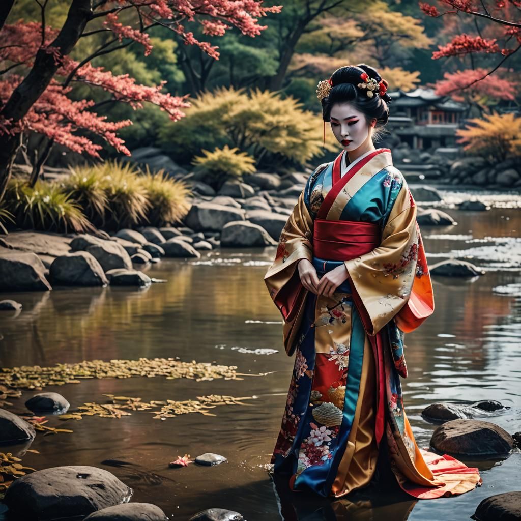 Geisha in silk kimono at the riverbank.