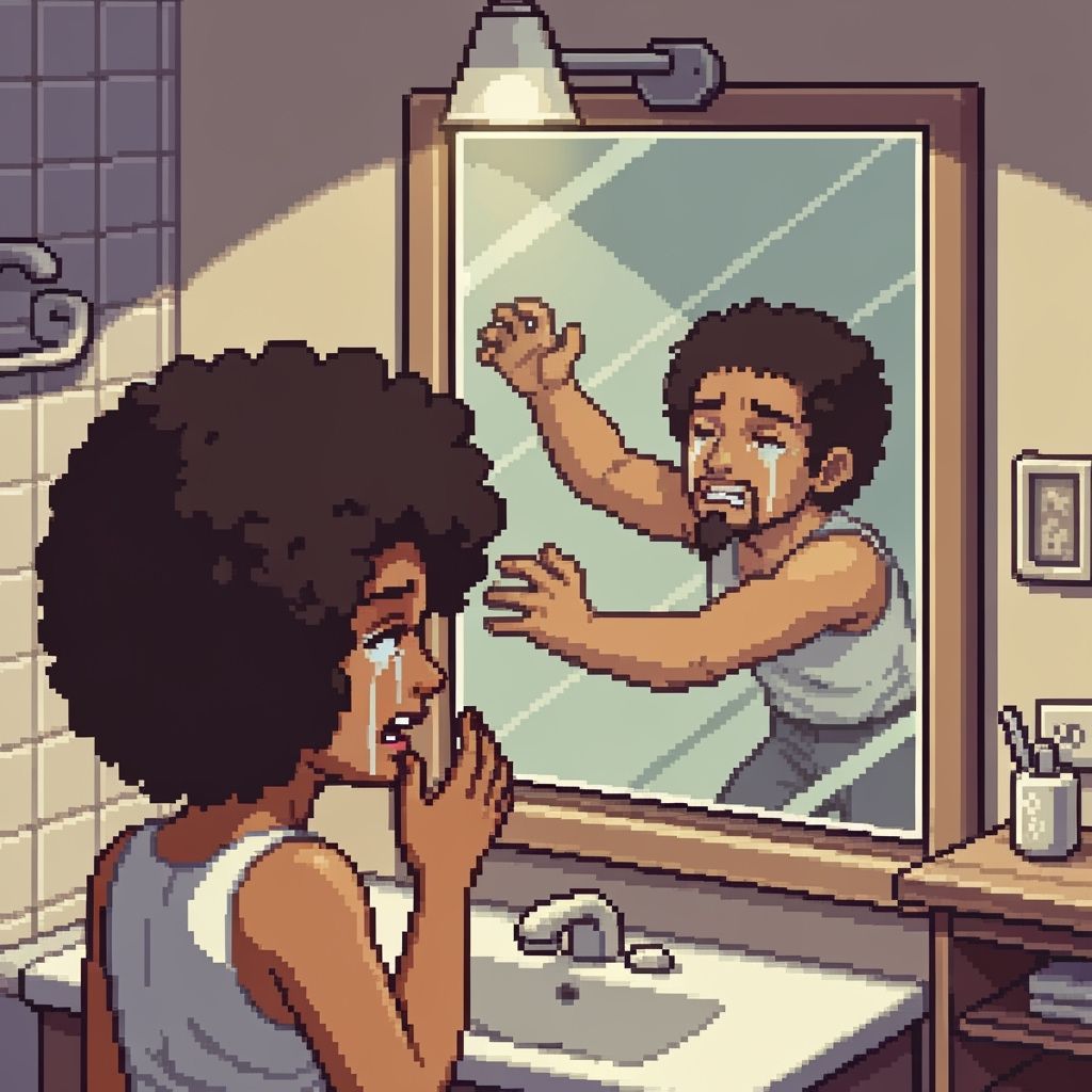 Pixel Art Bathroom Scene: Emotional Reflection in 16-Bit Sty...