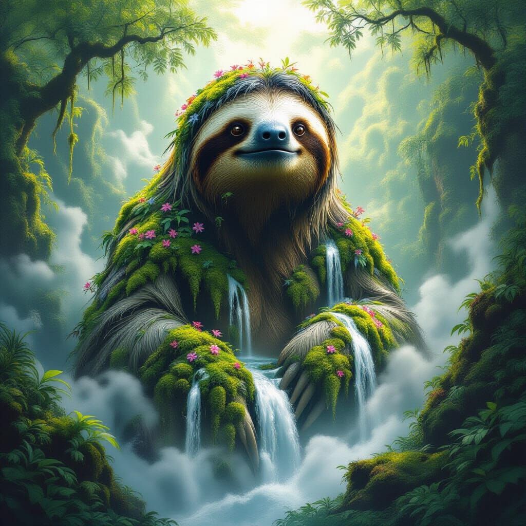 Ancient Sloth Mountain with Waterfalls in Photorealistic Sty...