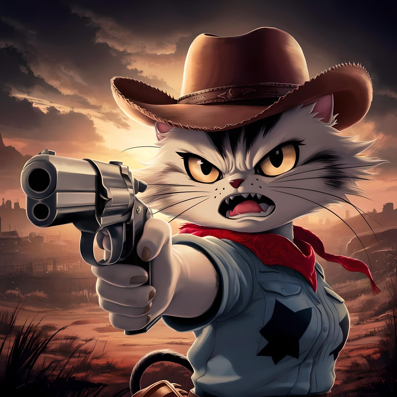 Angry Cowgirl Cat in Manga Style with Gun