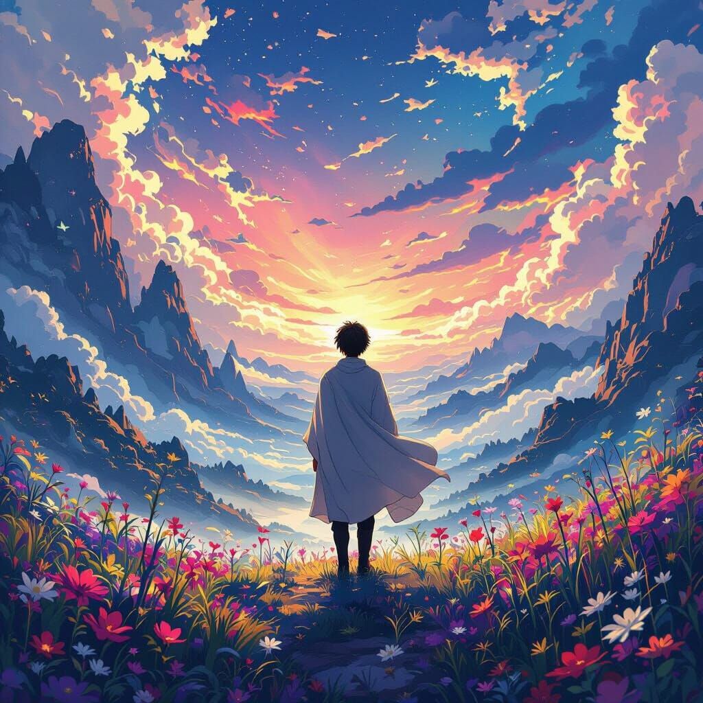Mystical Anime Male Figure in Dreamlike Landscape