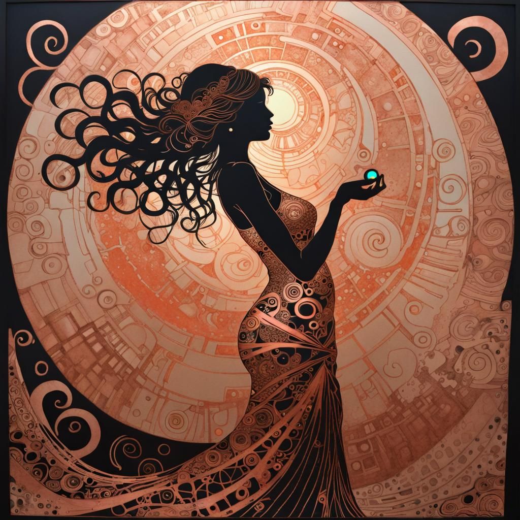 Synchronized Chaos: Sumi-e Zentangle Silhouette in Copper