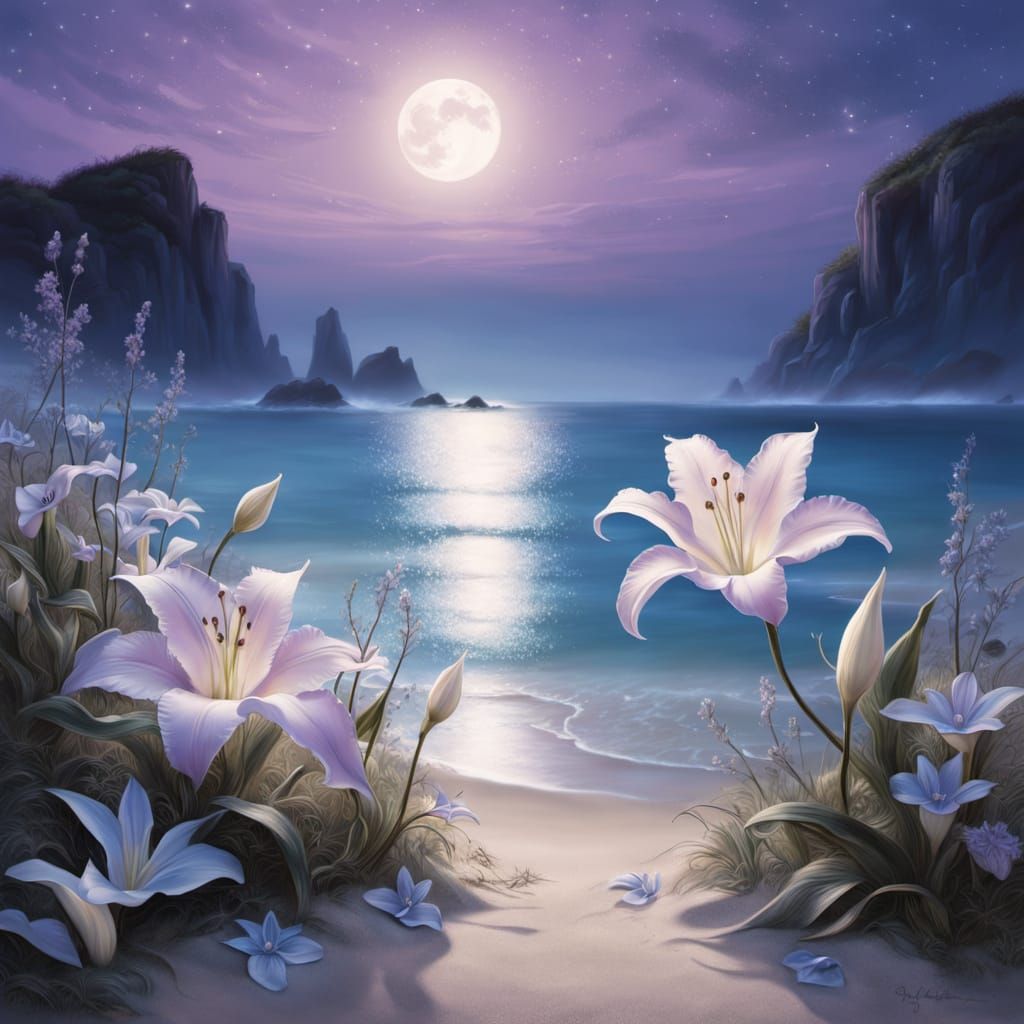 Moonlit Beach Garden with Bioluminescent Waves