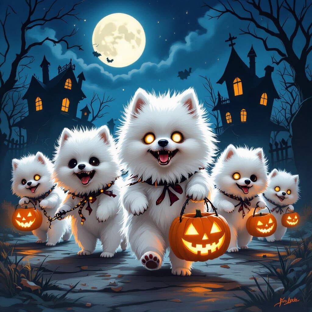 Pomeranian Zombies Trick-or-Treating on Halloween Night