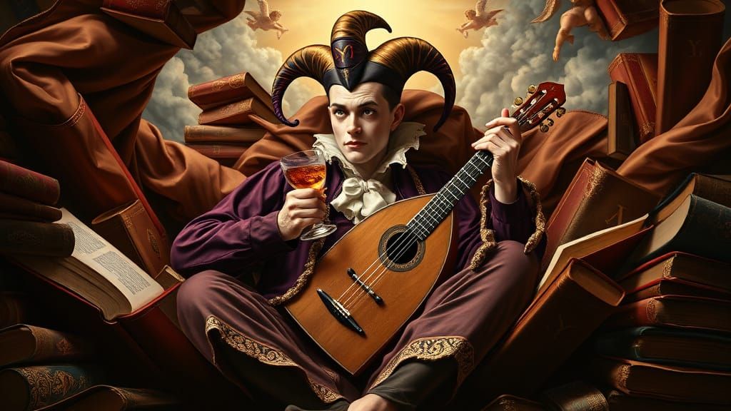 Philosophical Jester Amidst Golden Tomes in Baroque Splendor