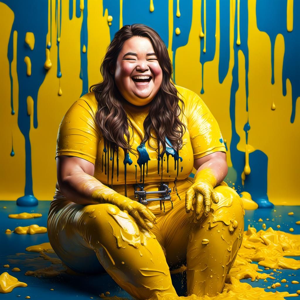 Happy Brunette in Yellow Gunge: Hyperrealistic Splash Art