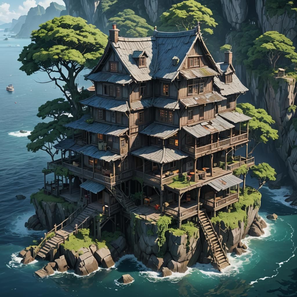 Ocean Island House in Anime Style 3D Rendering