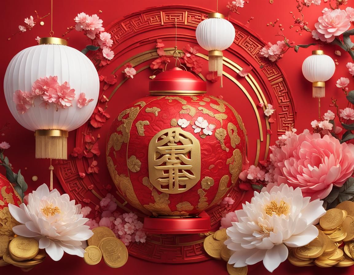Festive Chinese Collage with Lanterns and Gold Coins