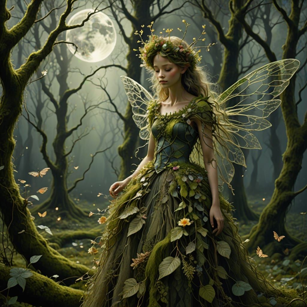 Forest Sprite in Moss Dress Under Full Moon