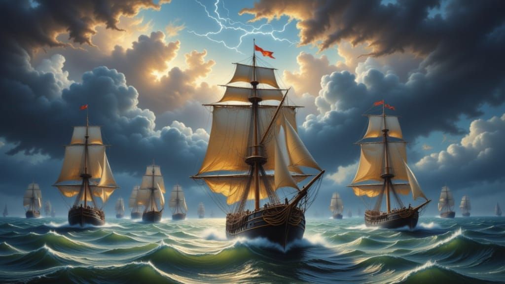 Epic Oil Painting of Galleons in a Stormy Sea