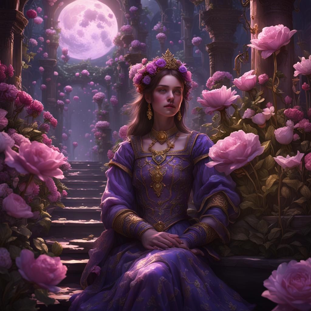 Golden Girl in Moon Flower Landscape, Fantasy Art
