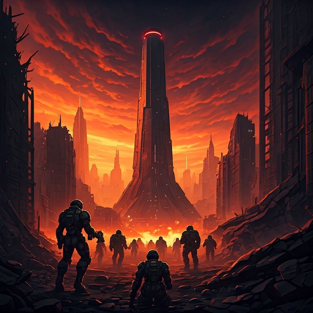 Futuristic Battlefield: Cyborgs vs Demons Under Nuclear Sky