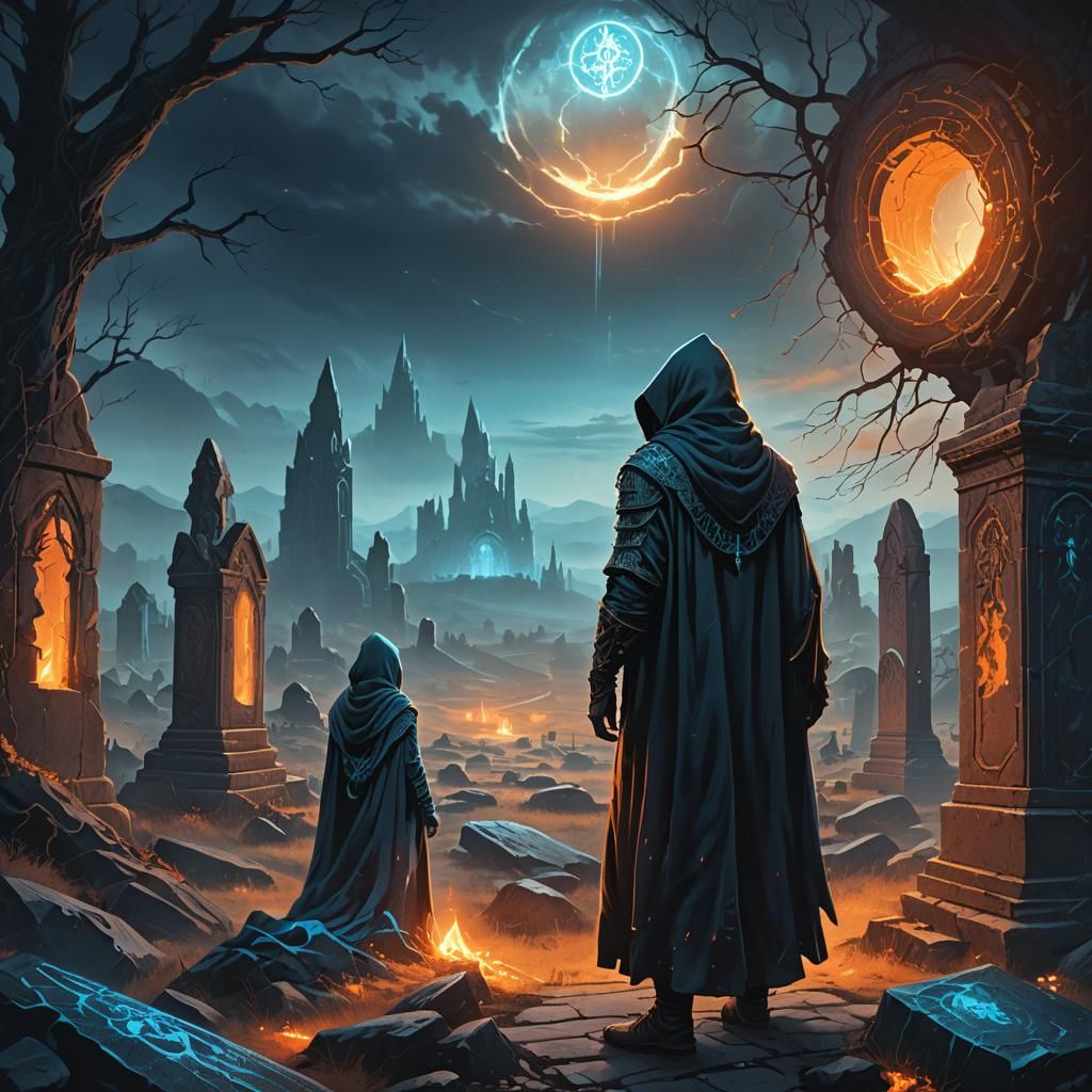 Hooded Figure Gazing at Dark Graveyard in Fantasy Realm