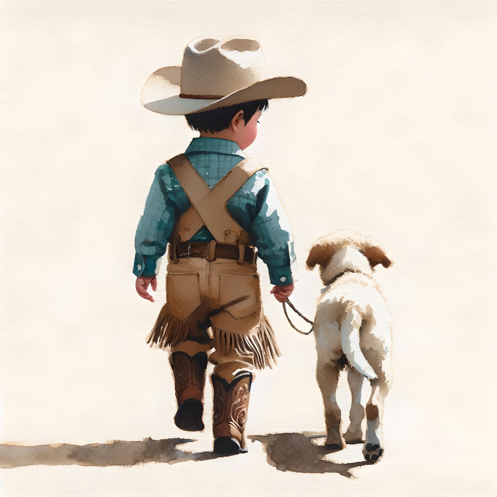 Cowboy Toddler and Dog as Watercolor Painting