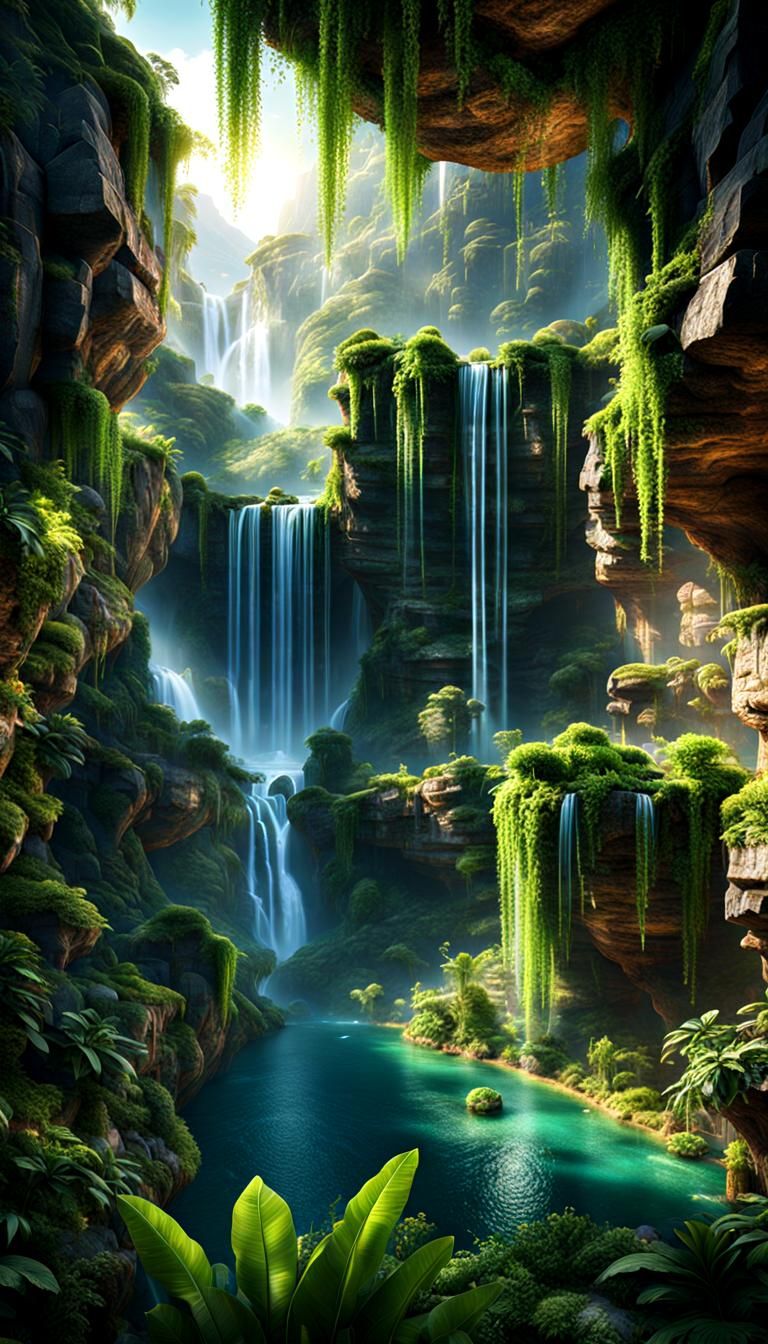Hypermaximalist Hanging Gardens Gorge with Waterfalls