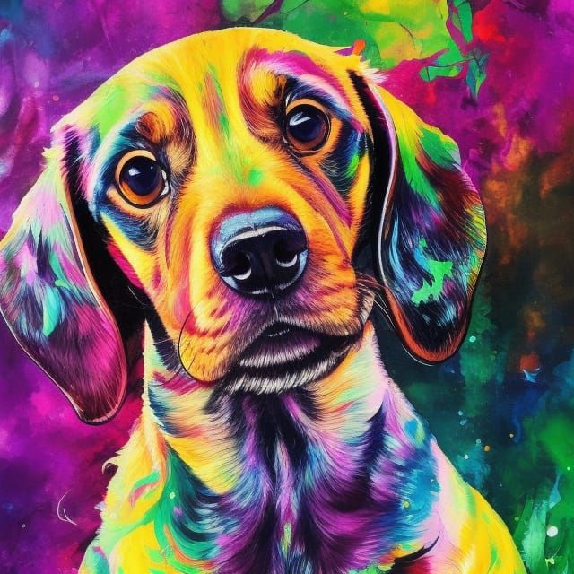 Colorful Ink Splash Dachshund in Oil Painting Style