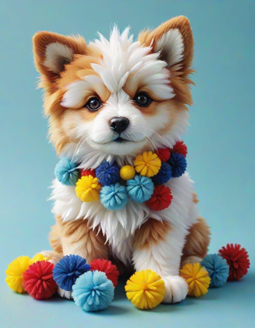 Colorful Pom Pom Puppy: A Hyperrealistic Creation