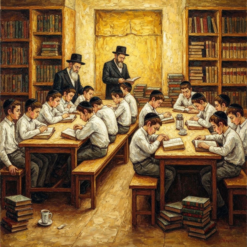 Yeshiva Students Studying as Impasto Oil Painting