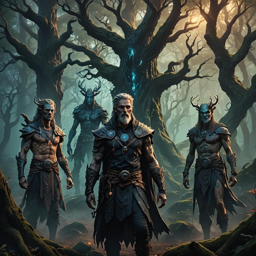 Balance Guardians in Mystical Dark Fantasy Forest