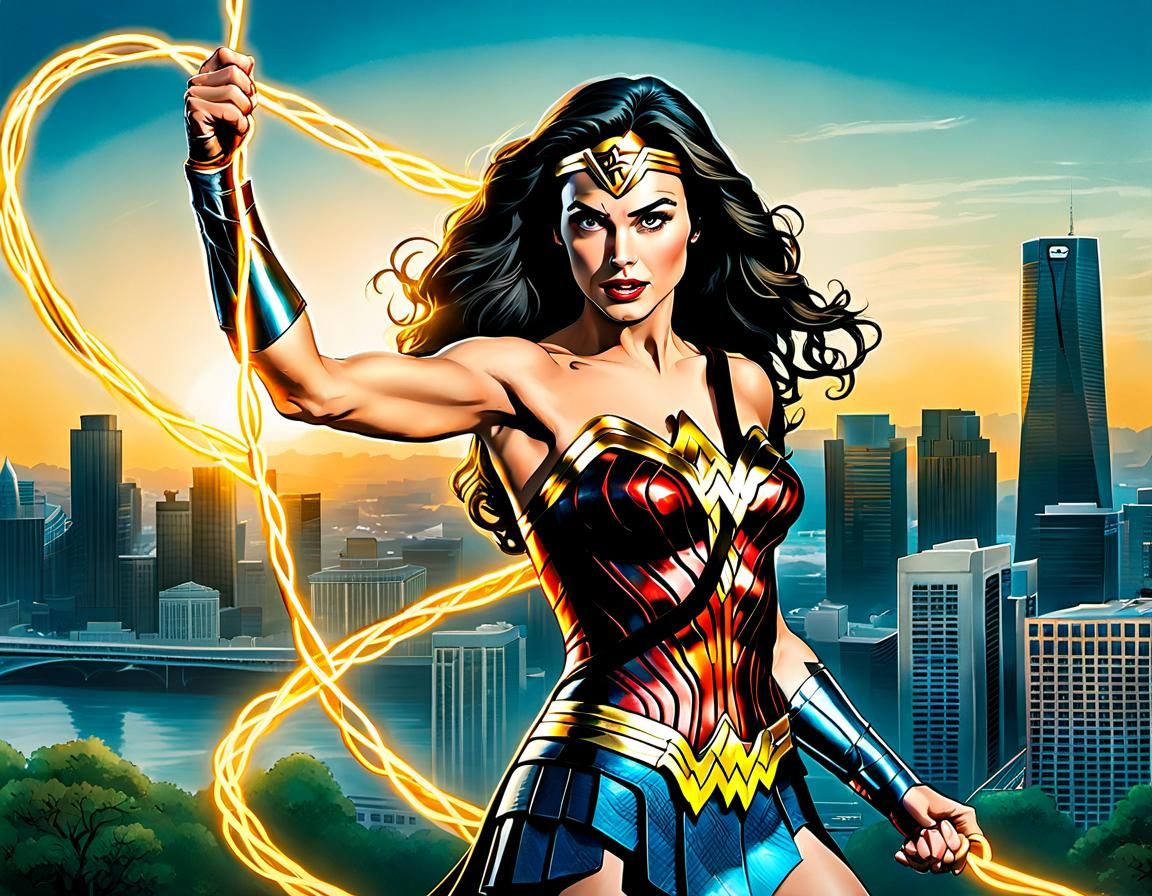 Wonder Woman Casting Magic Lasso in City Park