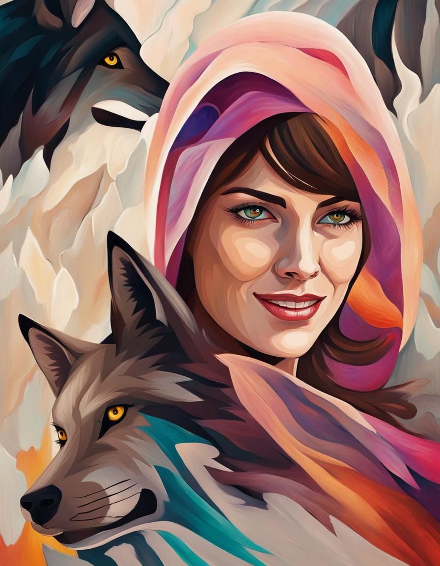 Abstract Canyon Attack: Woman, Wolves, Colorful Art