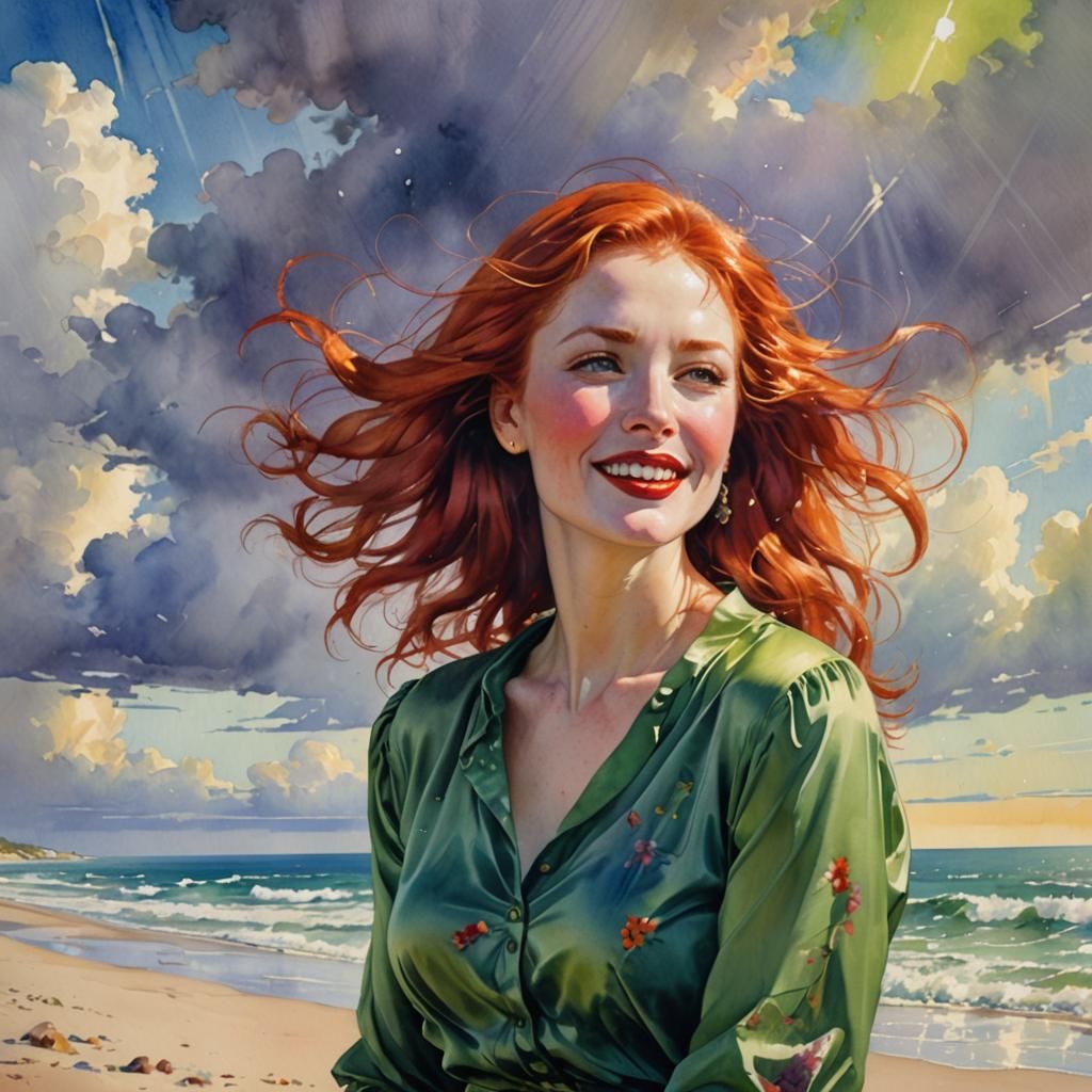 "Watercolor -- beautiful lady with long red hair blowing in the wind, lipstick, glossy green blouse,,,