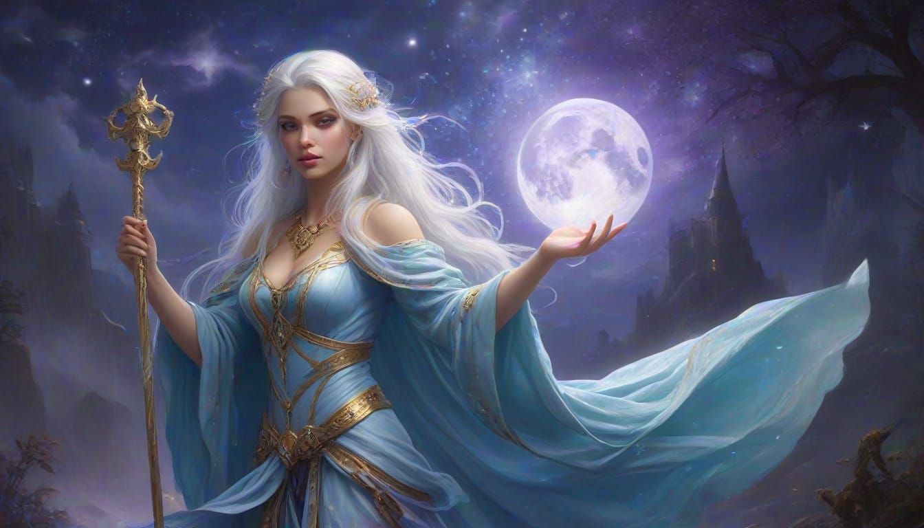 Mystical Sorceress Under Starry Night Sky