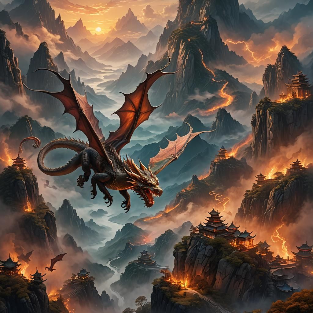Dragon Soaring Over Misty Mountains: Matte Painting