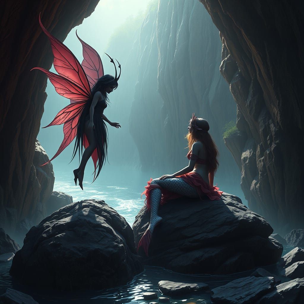 Goth Fairy in Mysterious Cliffside Conversation